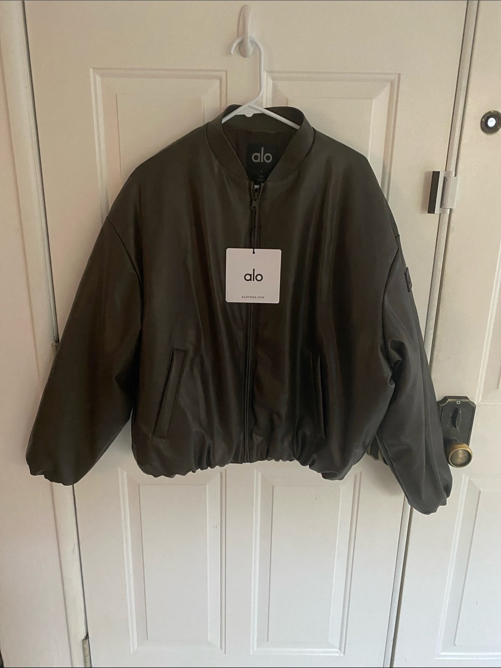 Alo Yoga, Faux Leather Premier Bomber in Espresso